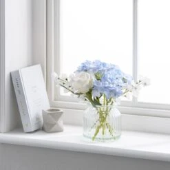 Artificial Hydrangea And Rose Bouquet In Ribbed Glass Vase