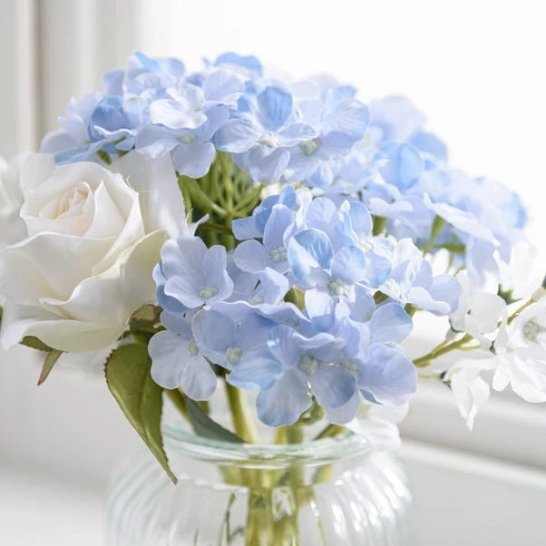 Artificial Hydrangea And Rose Bouquet In Ribbed Glass Vase - Image 2