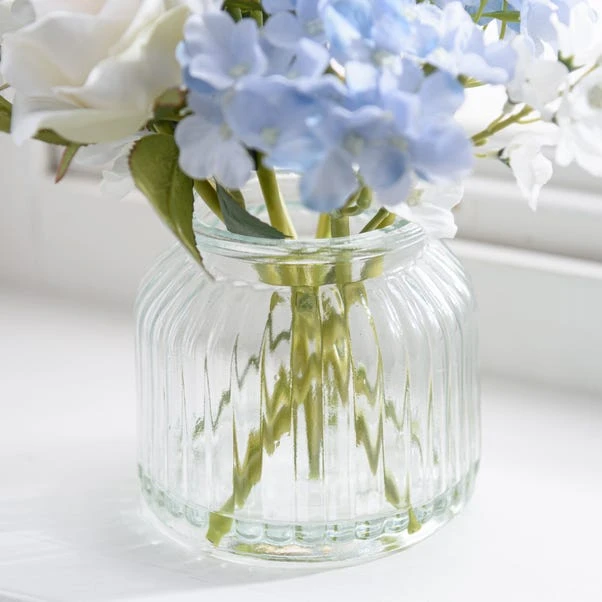 Artificial Hydrangea And Rose Bouquet In Ribbed Glass Vase - Image 3