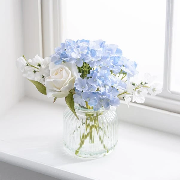Artificial Hydrangea And Rose Bouquet In Ribbed Glass Vase - Image 4