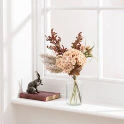 Artificial Dried Cream Hydrangea And Pampas Bouquet In Glass Vase