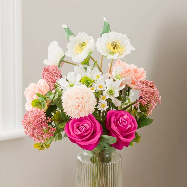 Artificial Rose & Poppy Bouquet In Ribbed Glass Vase - Image 2
