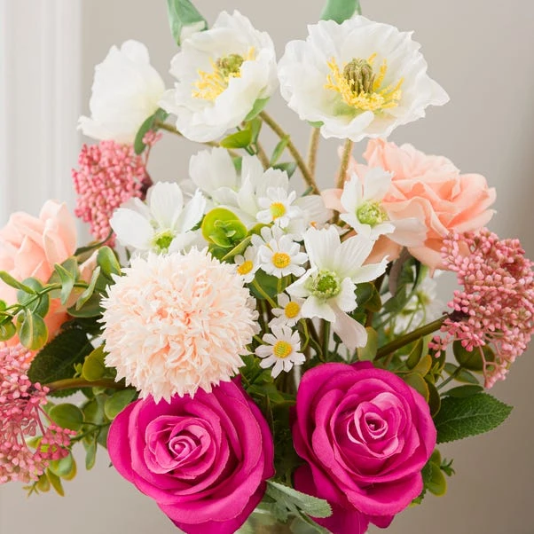 Artificial Rose & Poppy Bouquet In Ribbed Glass Vase - Image 3