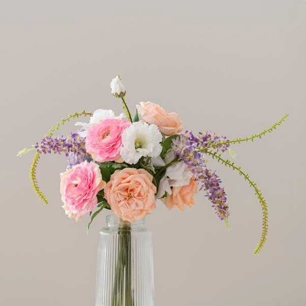 Artificial Rose & Delphinium Bouquet In Ribbed Glass Vase - Image 2