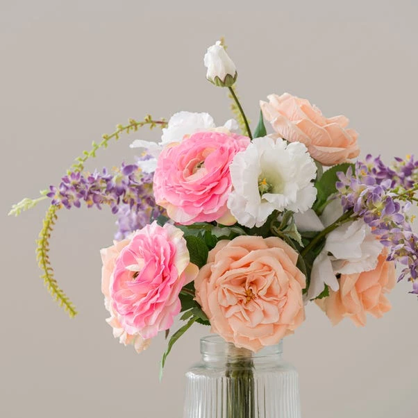 Artificial Rose & Delphinium Bouquet In Ribbed Glass Vase - Image 3