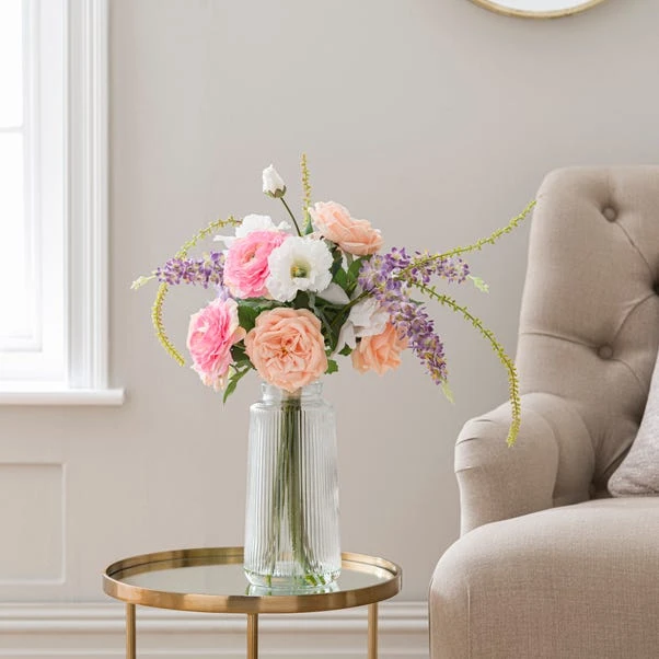 Artificial Rose & Delphinium Bouquet In Ribbed Glass Vase - Image 4