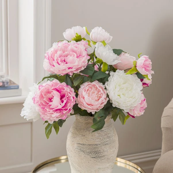 Artificial Pink & White Peony Bouquet In Washed Grey Resin Vase - Image 2