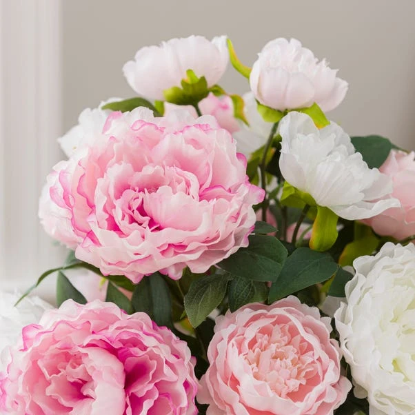 Artificial Pink & White Peony Bouquet In Washed Grey Resin Vase - Image 3