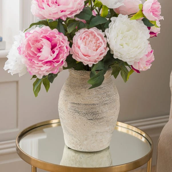 Artificial Pink & White Peony Bouquet In Washed Grey Resin Vase - Image 4