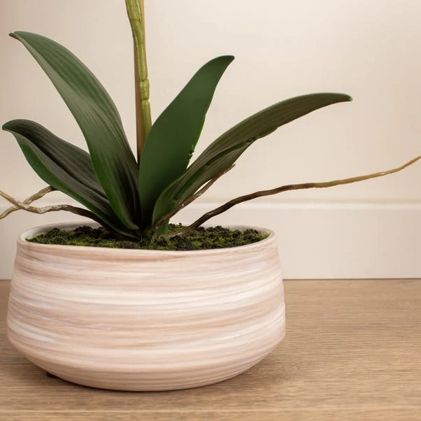 Artificial White Speckled Orchid In Beige Ceramic Plant Pot - Image 3