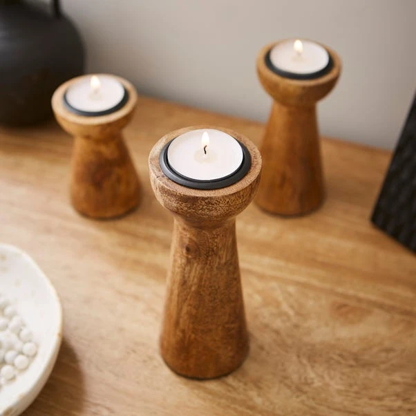 Set Of 3 Mango Wood Candle Holders - Image 2