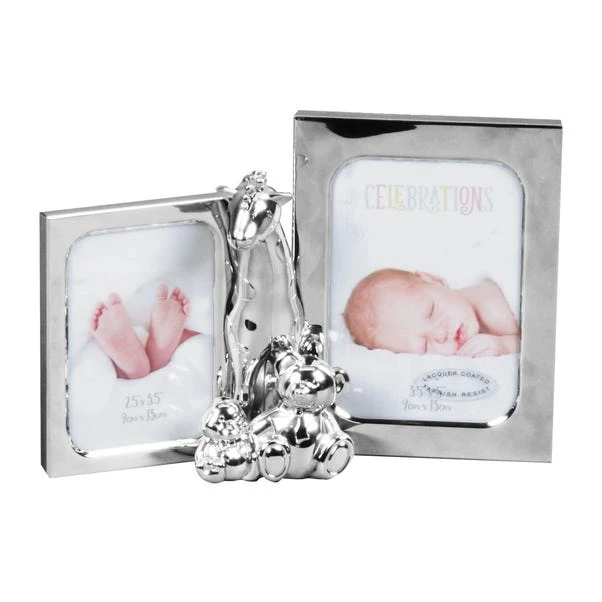 Bambino Giraffe & 2 Teddies Silver Plated Double Photo Frame
