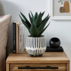 Artificial Agave Plant In Monochrome Striped Plant Pot